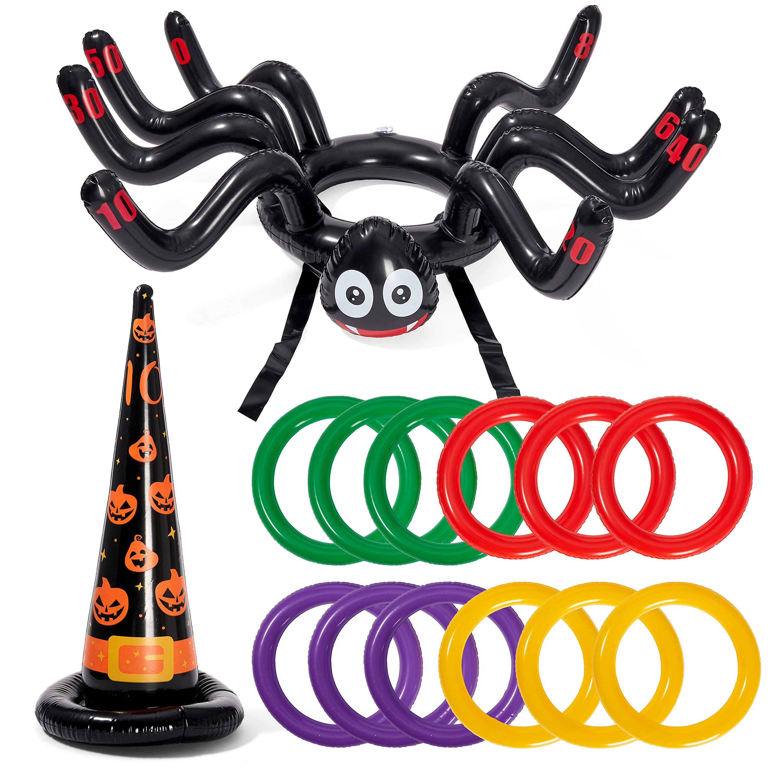 The Twiddlers - 2 in 1 Halloween Ring Toss Game Set, Witch and Spider Hat Targets - 12 Pc Inflatable Rings for Kids & Adults Party