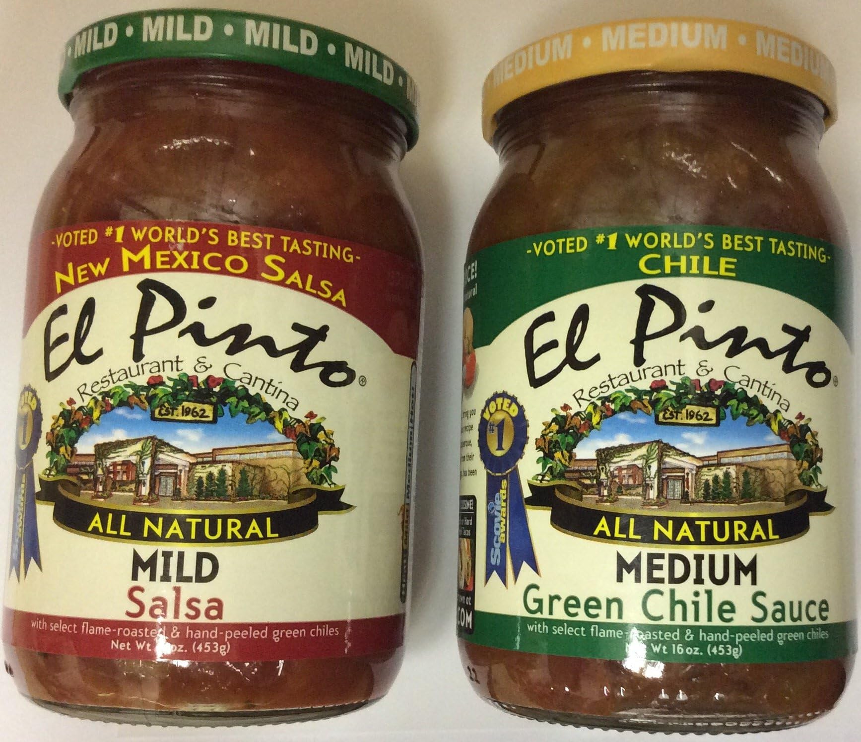 El Pinto Restaurant & Cantina New Mexico Salsa - Two 16oz Jars (One Mild, One Medium Green Chile)