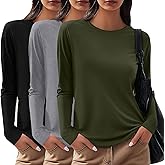 Sweetyweee 3 Pack Women's Cotton Long Sleeve Shirts, Crew Neck Casual Fitted Tops Rolled Hem Slim Layer Basic Tees Blouses