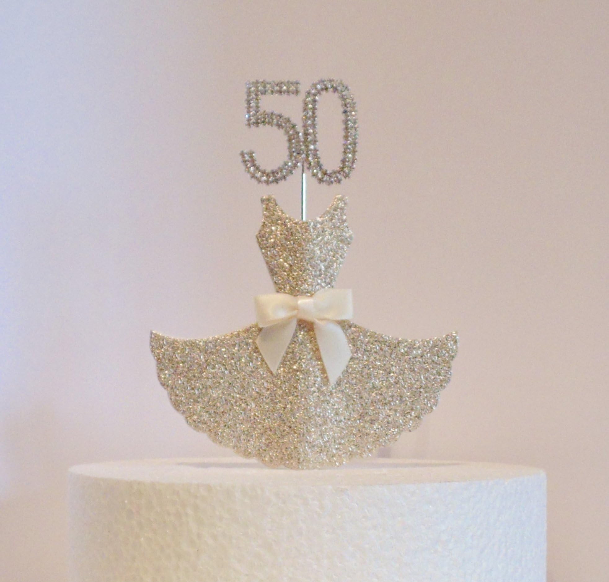 50th Birthday Cake Decoration. Gold Dress with Diamante Crystal Number (Non- Edible)