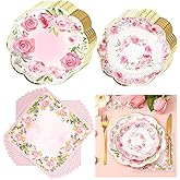 Tanlade 96 Pcs Pink Floral Plates and Napkins Serve 24, Disposable flower Paper Scalloped Dinner Plates 2 Ply Paper Napkins for Wedding Birthday Decorations Party Supplies