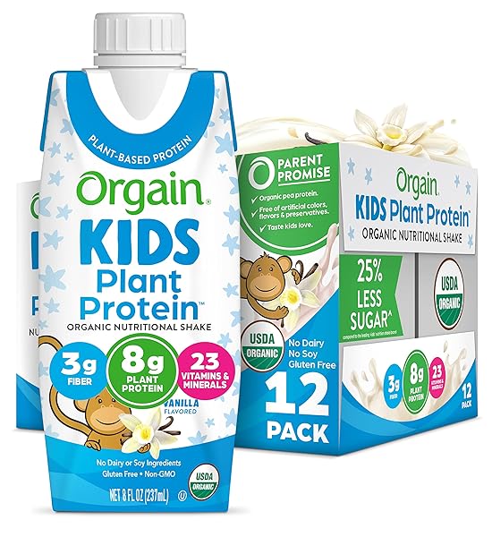 ORGAIN ORGANIC KIDS NUTRITIONAL VEGAN PROTEIN SHAKE, VANILLA – HEALTHY KIDS SNACKS, 8G PLANT PROTEIN, 3G FIBER, 23 VITAMINS & MINERALS, NO DAIRY & SOY INGREDIENTS, NON-GMO, 8 FL OZ (PACK OF 12)