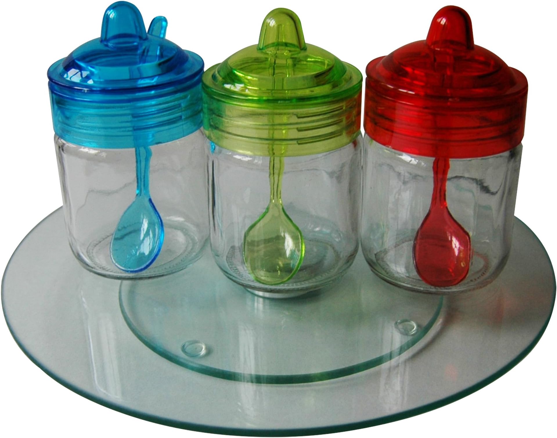 Sage Select Lazy Susan and Jar Set - 10 Inch Tempered Glass Turntable and Three Multi-Purpose Jars with Spoons