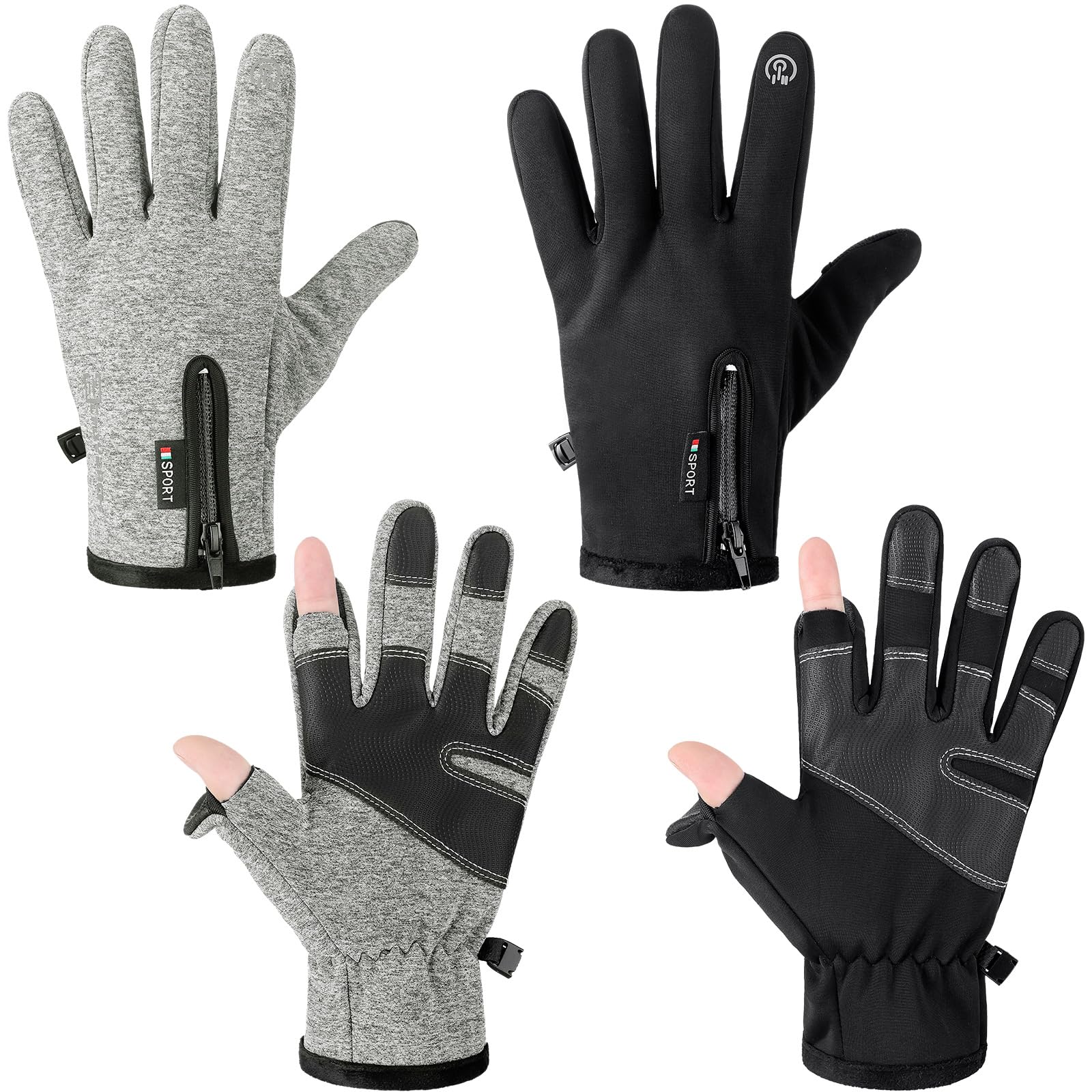 Photo 1 of *Grey only* Bencailor 2 Pairs Windproof Waterproof Fingerless Gloves Winter Touchscreen Gloves Men Cold Weather Cycling Supplies(Black,Gray,Large)