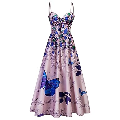 Babyonlinedress® Sommerkleider Damen mit Schmetterling und Blumen, Strandkleid Playsuit Damen Lang, Vintage Abendkleider Gr.S
