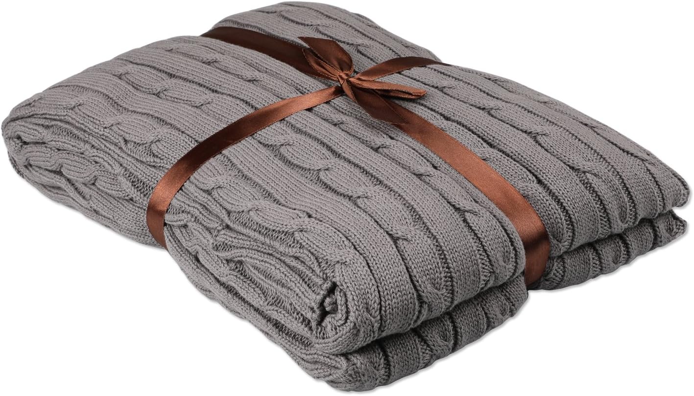 Cotton Knitted Throw Blanket, HEHEINC Crocheted Blanket Cable Knit Blanket Throw Soft Warm Sleeping Cover for Kids or Adults Bedroom/ Sofa/ Couch /Office/ lounge 47.3x70.9inch (Gray)