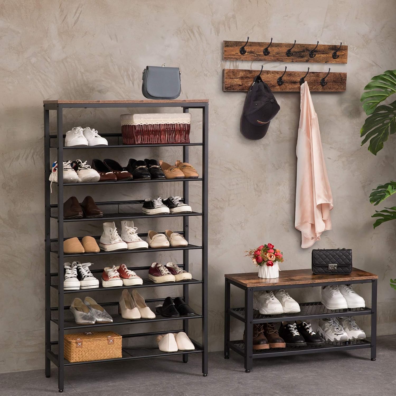 HOOBRO Shoe Rack with Coat Rack Hanger, Hall Tree, Coat Stand Bench Set including 9 Hooks and Shelf, Multifunctional - Image 4