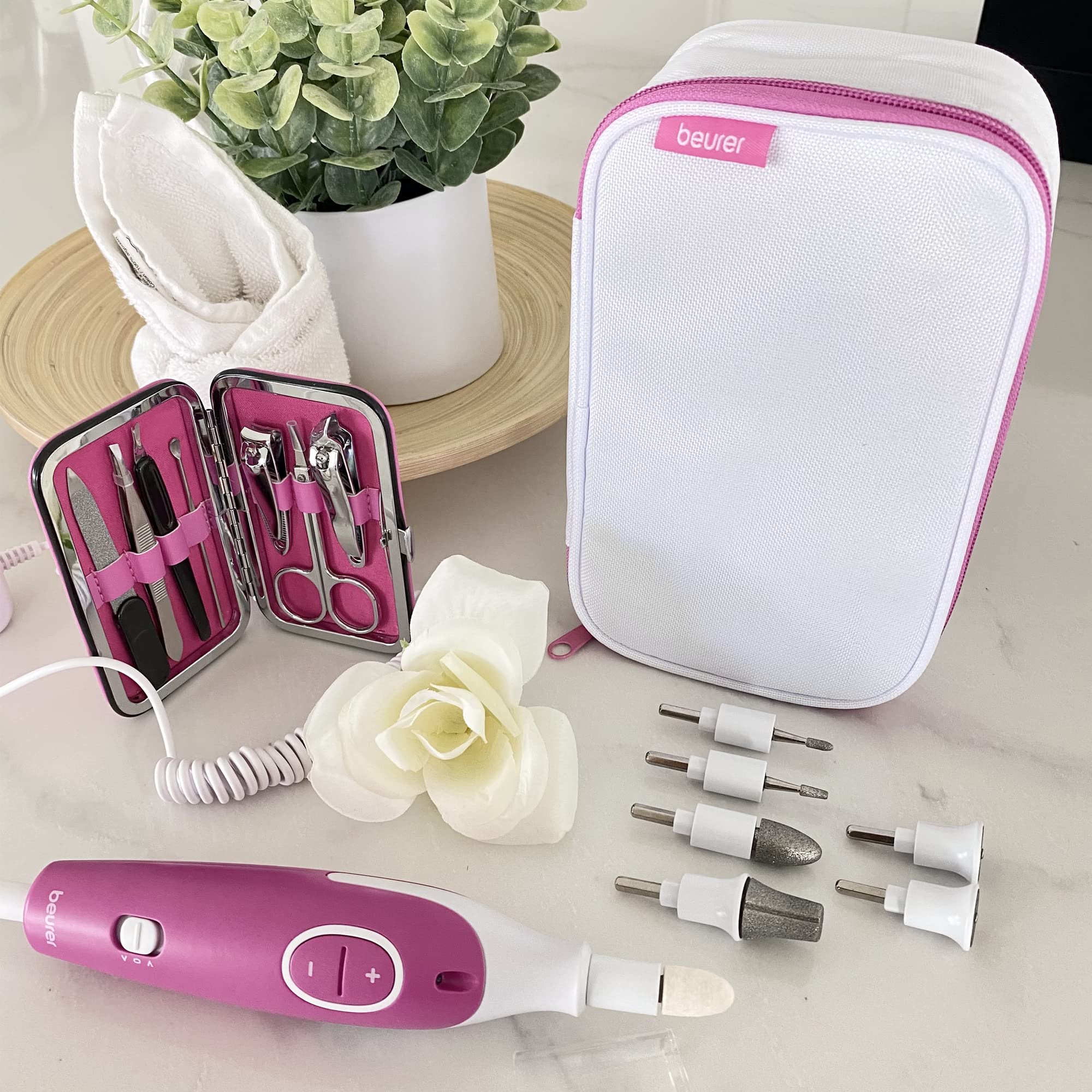 Beurer MP44 Professional Manicure and Pedicure Nail Drill Set, E-File with 7 attachments, LED Light, Electric Nail File with Additional Manual Nail kit, Pink