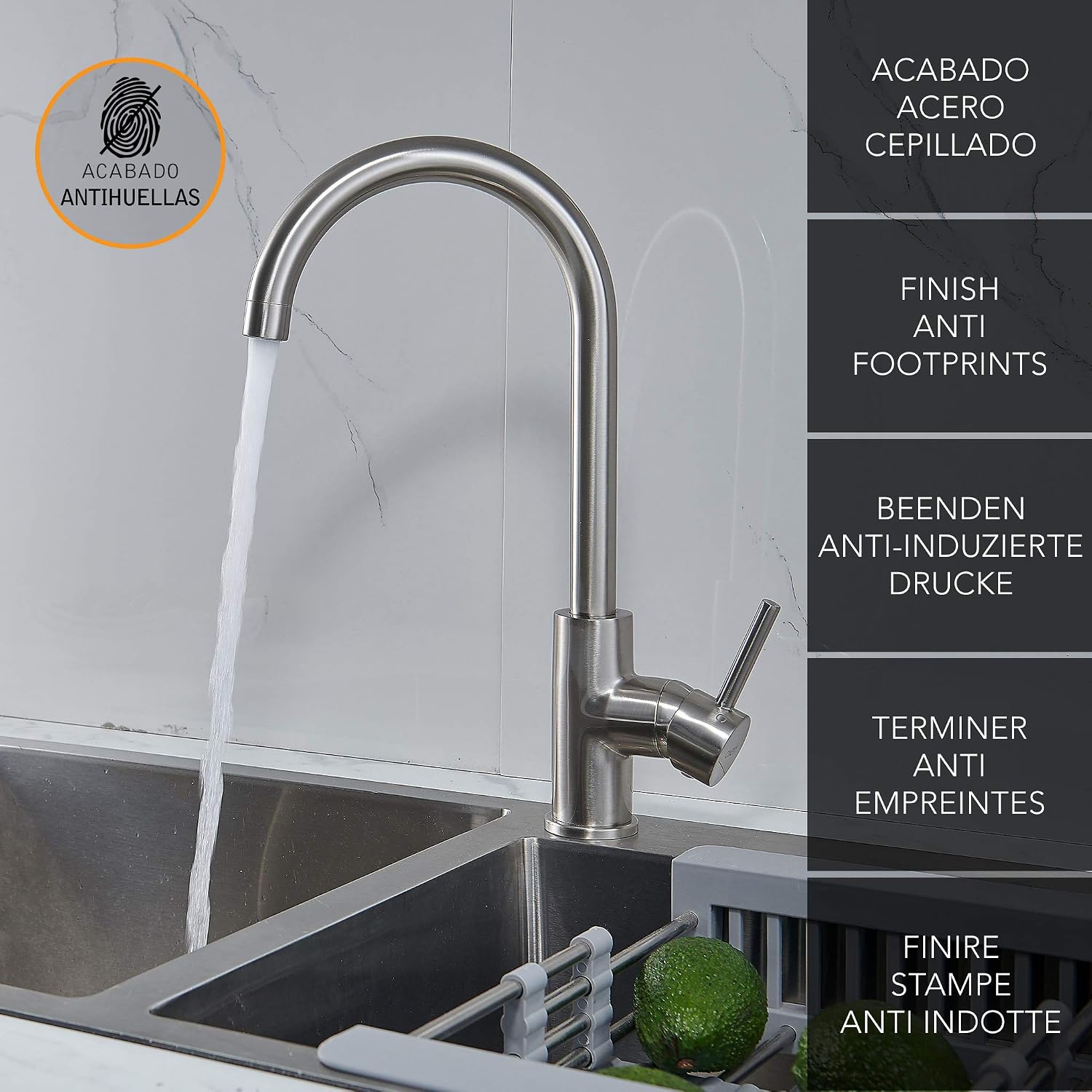 VEL High Spout Sink Mixer Tap Round Brass Design with Brushed Steel Finish Anti Fingerprints Total Height 36.5 cm Genuine Parts - Image 4
