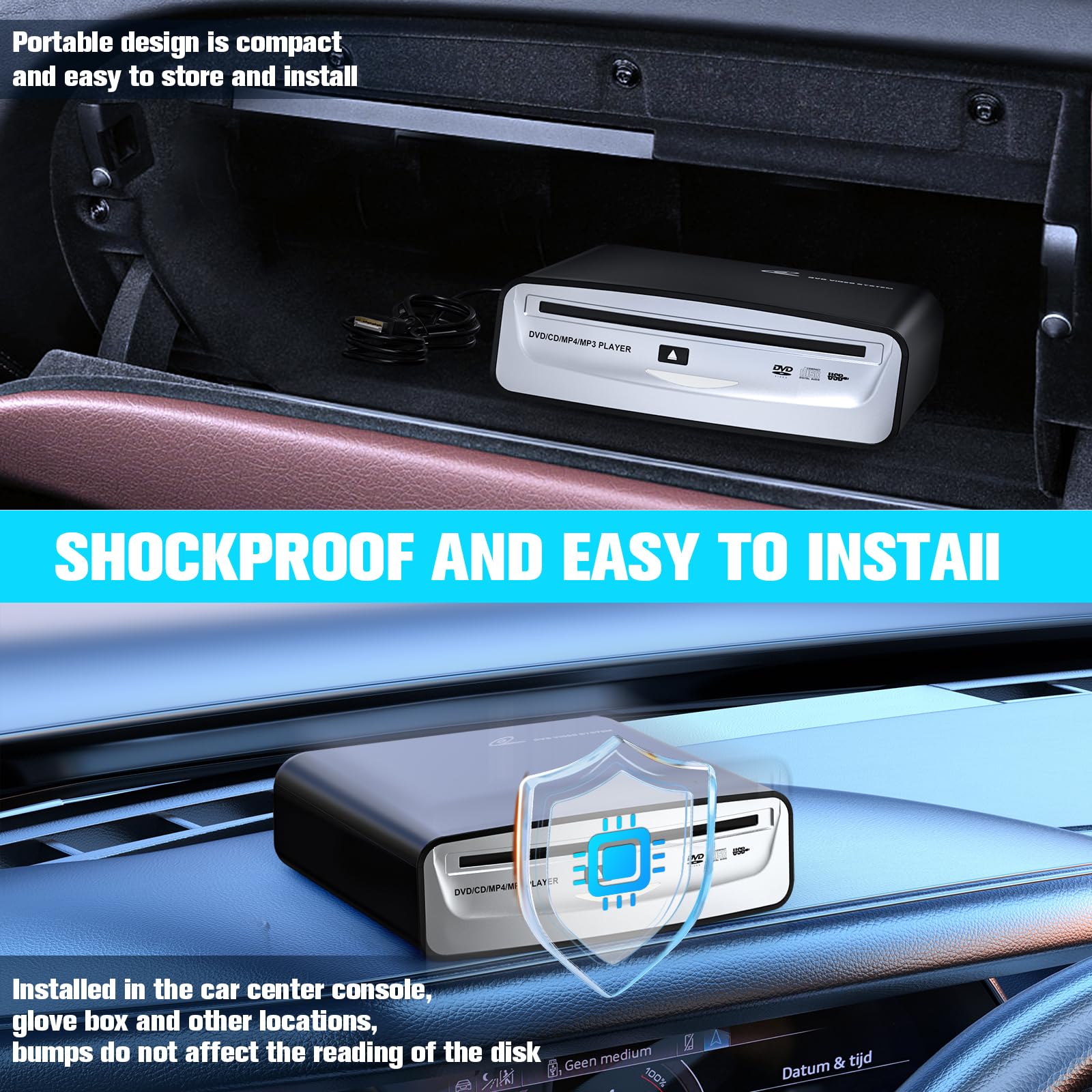 CD Player for Car with USB & AUX Ports, Upgraded Portable External CD DVD Player for Car Laptop Desktop TV Mac Computer, with Extra USB Extension Cable