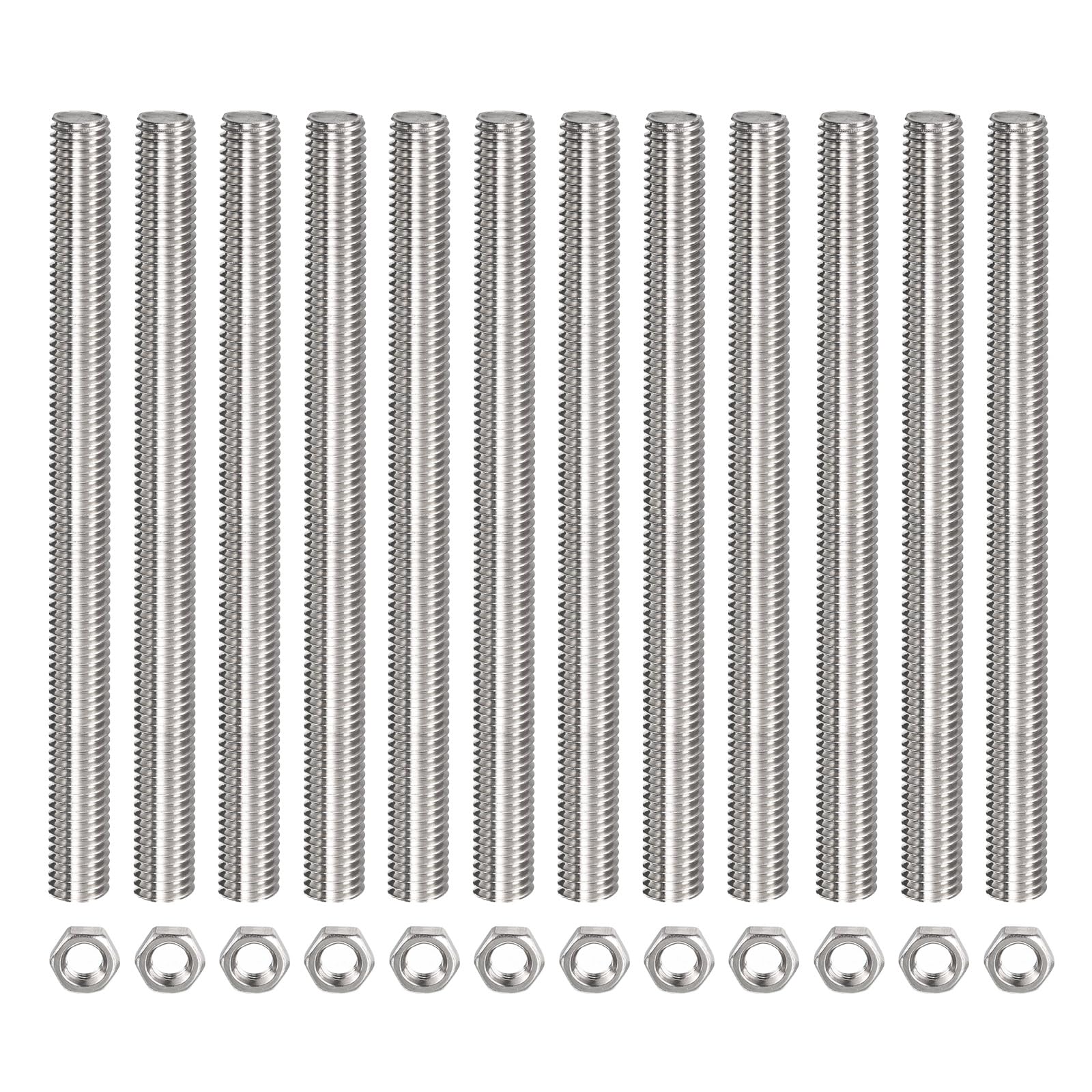Rebower Fully Threaded Rod (with 12 Pcs Hex Nuts),Stainless Steel Fully Threads Studs[for Assembly Fastening] - M10 x 350mm,1.5mm Pitch/ Silver/ 12 Pcs