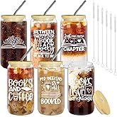 Kuabiz 6 Pcs Book Club Cups Gifts Set for Women Bulk Book Lovers Bookish Librarian Reader Party Glasses With Lids Straws 16 Oz Can Shape Coffee Mason Jars Thank You Appreciation