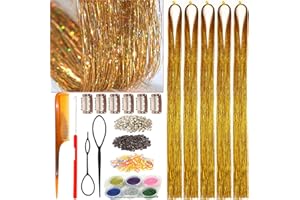 CelineBella Champagne Gold Hair Tinsel Kit with Tools Fairy Tinsel Hair Extensions Glitter Sparkling Shiny Tensile Hair Accessories for Girls Women