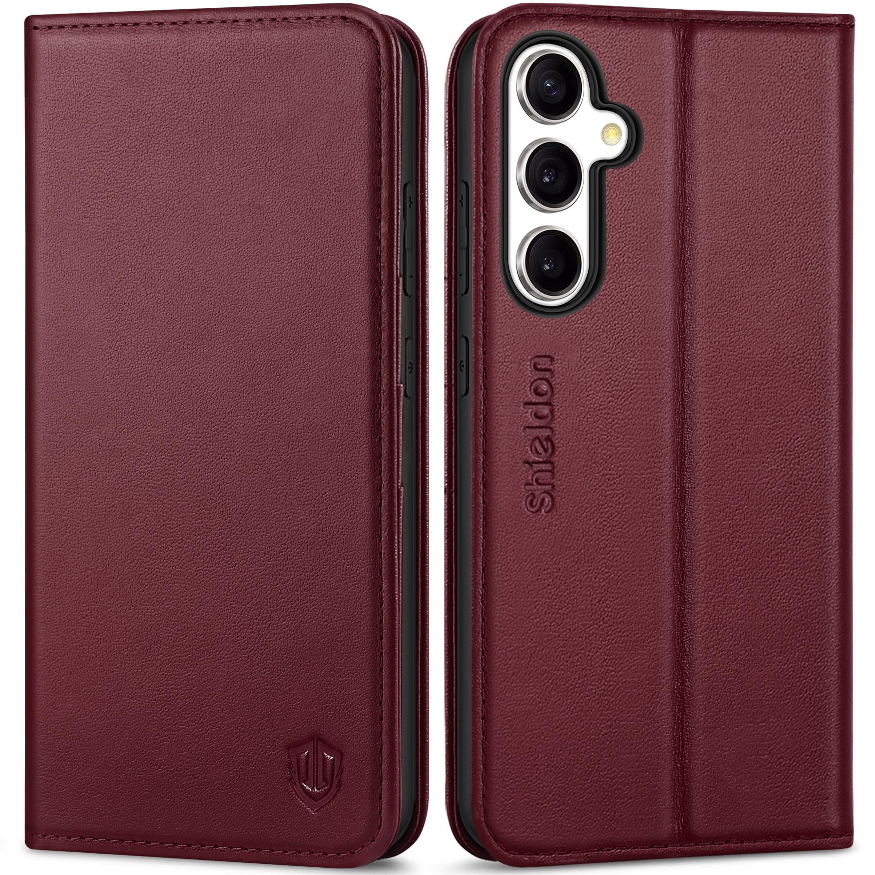 Photo 1 of SHIELDON Wallet Case for Galaxy S24 FE, Genuine Leather Flip Magnetic RFID Blocking Credit Card Holder Kickstand with Soft TPU Shockproof Cover Compatible with Galaxy S24 FE 6.7 Inch - Nappa Wine Red