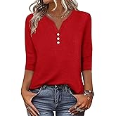 CRAZY GRID Womens Fashion 3/4 Sleeves Tops Fall Crew Neckline Loose Fitting Type Button Down Business Work T Shirts