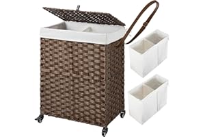 Greenstell Laundry Hamper with Wheels, No Install Needed, 90L Divided Handwoven Hampers & 2 Removable Liner Bags, Synthetic R