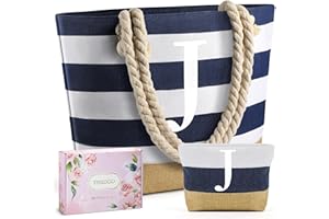TRSODD Ini-tial Blue Beach Bag, Tote Bag for Women w Makeup Bag, Personalized Friend Birthday Sister GraduationTeacher Mother Gifts, Beach Essentials Travel Bag w Inner Pocket Top Zi-pper Gift Box J