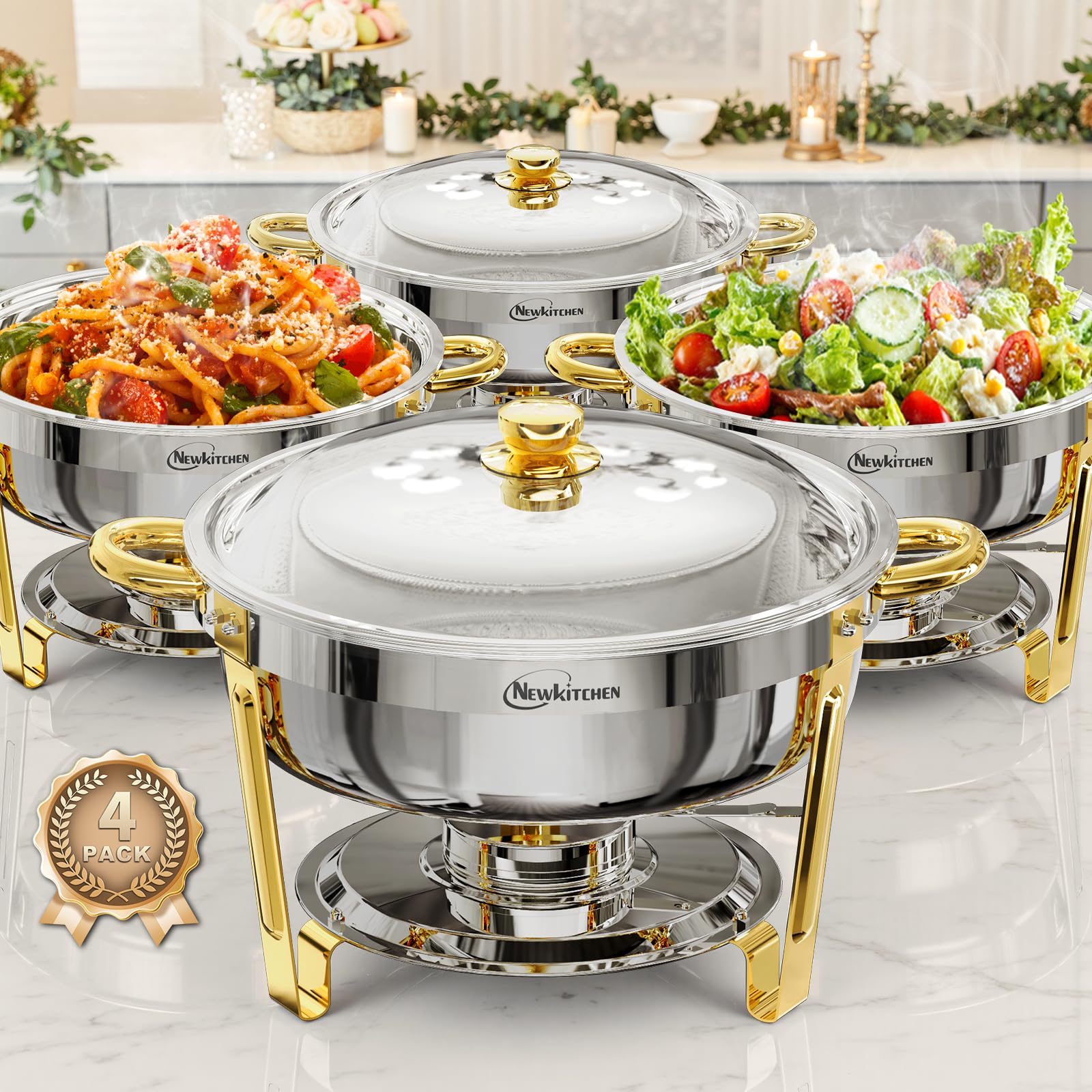 Photo 1 of *** factory sealed **Chafing Dishes for Buffet 4 Pack, 6QT Round Chafing Dishes for Buffet [Elegant Gold and Silver Colors] Stainless Steel Chafing Dish Buffet Set for Any Party