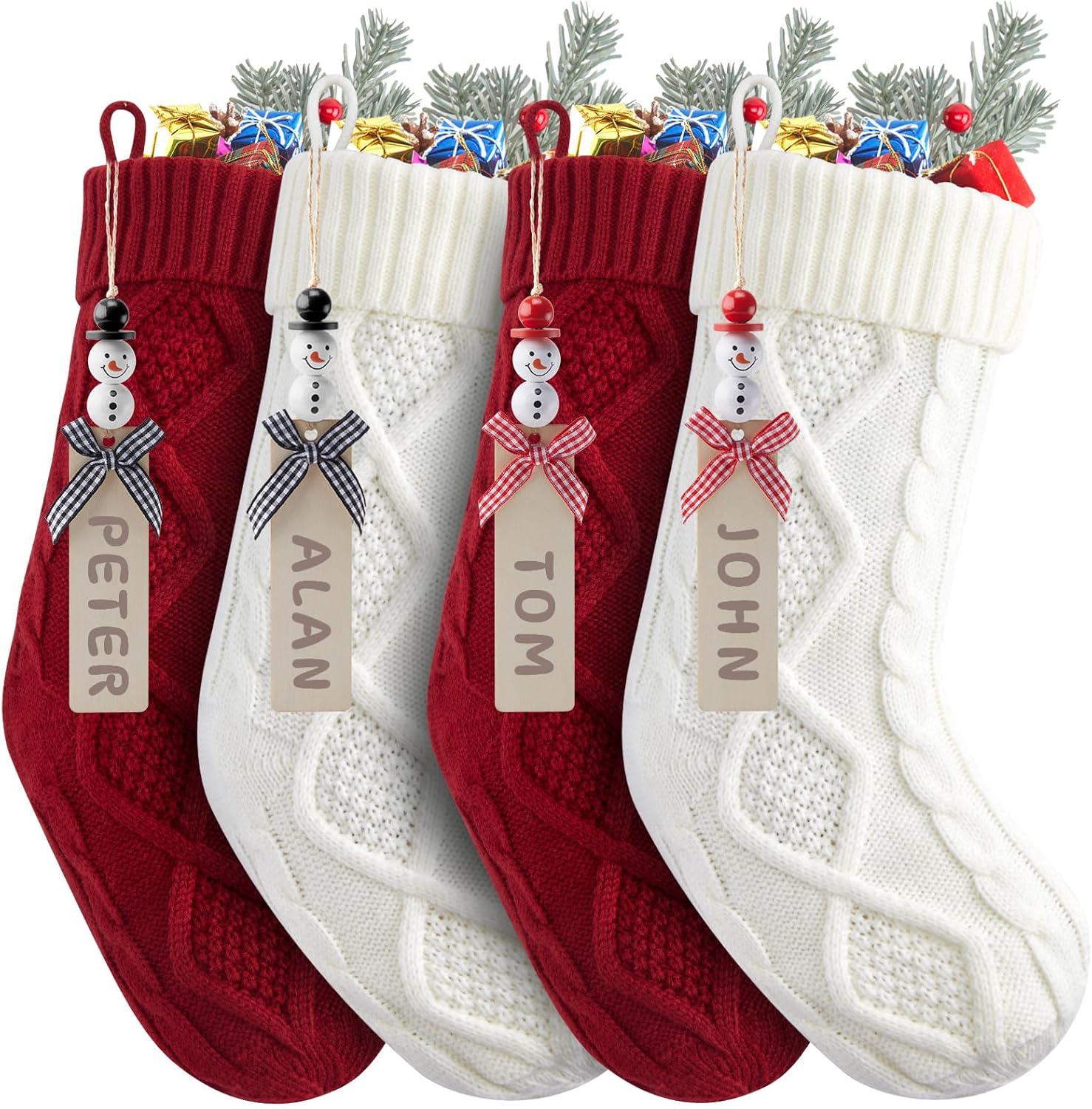 Stockings & Holders - Christmas Stockings, Personalized Christmas Hanging Stockings with Name Tags, 18 Inches Large Size Knitted Stockings for Mantels, Christmas Tree Family Holiday Decor, 4 Pack, Red and White
