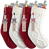 Personalized Christmas Stockings - 18 Inches Hanging Stockings with DIY Snowman Name Tags, 4 Pack Large Size Knitted Stockings for Mantels, Christmas Tree Family Holiday Decor, Red and White