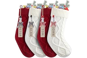 MINETOM Personalized Christmas Stockings - 18 Inches Hanging Stockings with DIY Snowman Name Tags, 4 Pack Large Size Knitted Stockings for Mantels, Christmas Tree Family Holiday Decor, Red and White