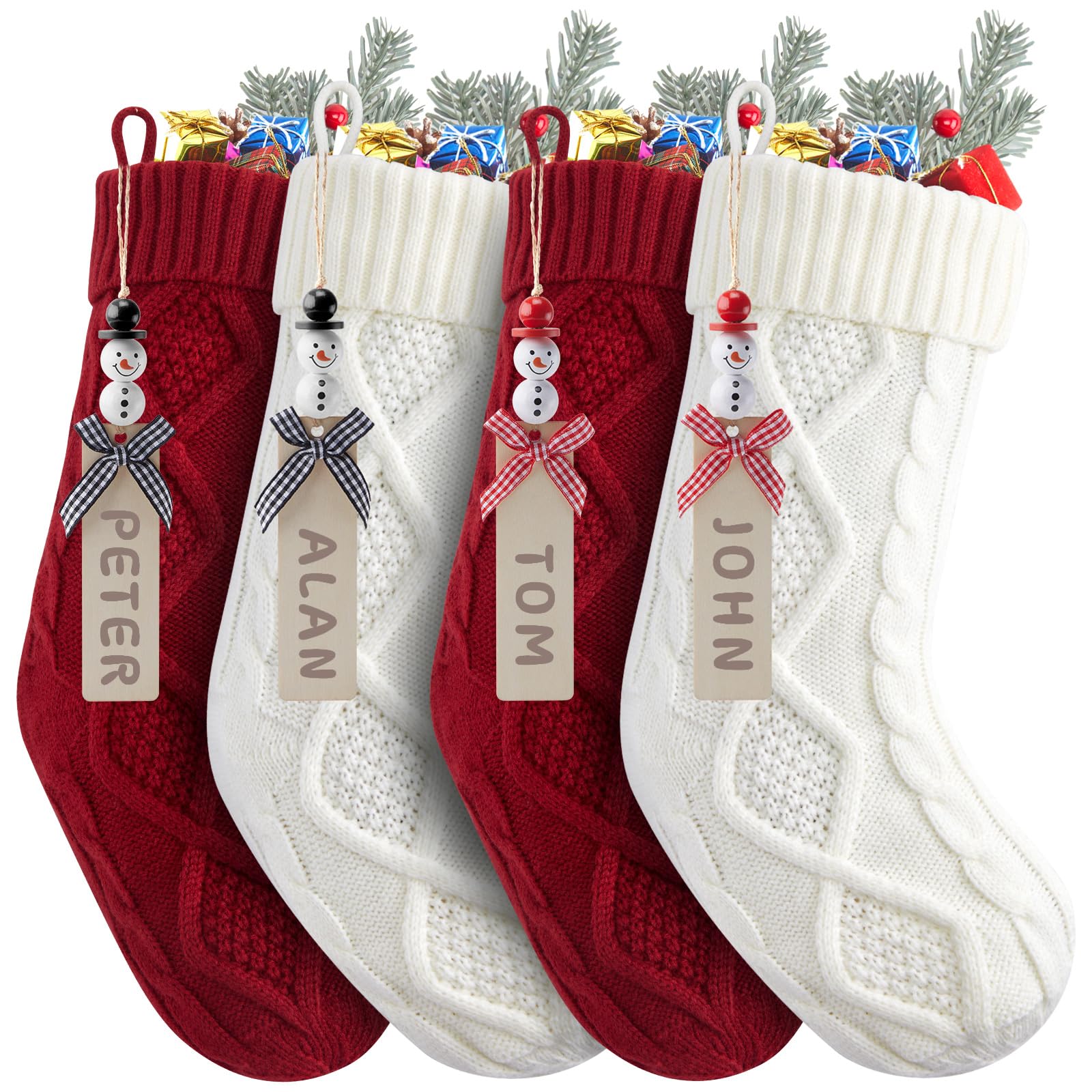 Photo 1 of (SEE NOTES) Personalized Christmas Stockings - 18 Inches Hanging Stockings with DIY Snowman Name Tags, 4 Pack Large Size Knitted Stockings for Mantels, Christmas Tree Family Holiday Decor, Red and White