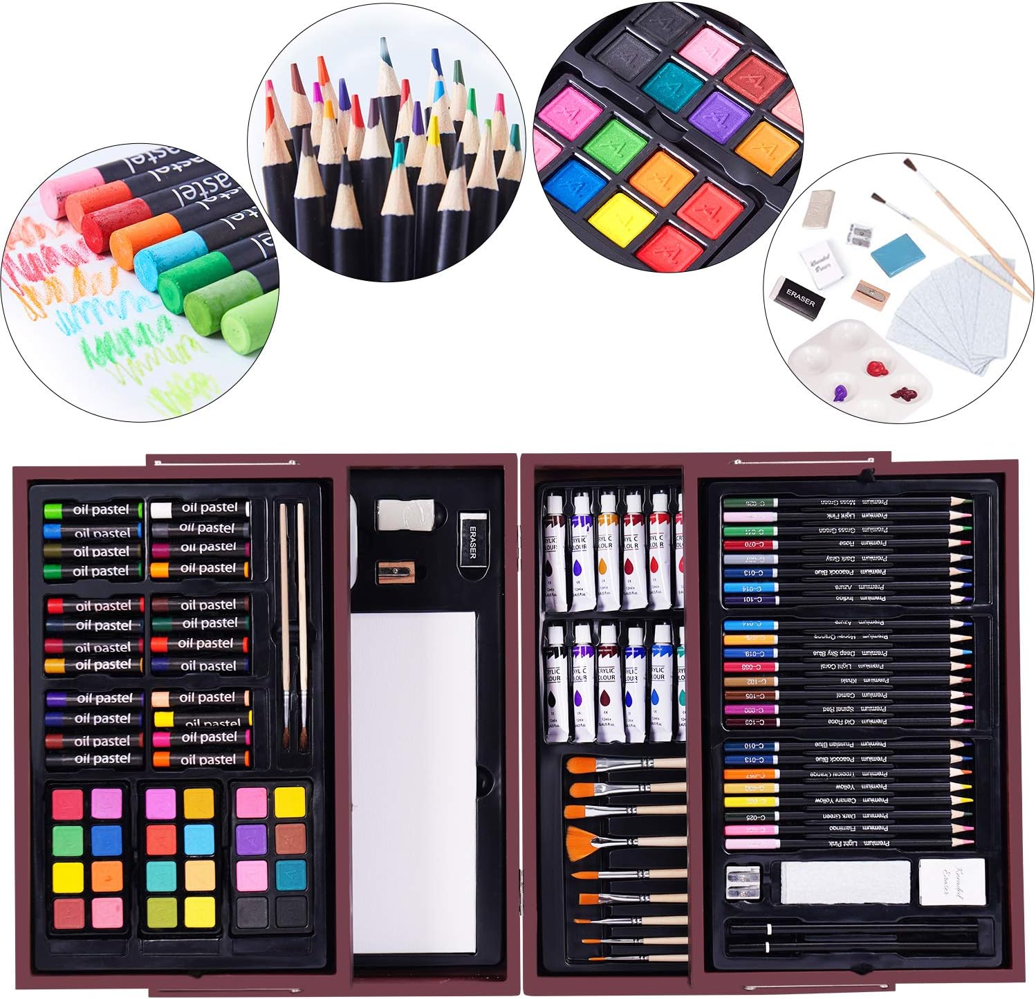 126 Piece Art Set with 2 Drawing Pad, Art Set in Portable Wooden Case, Crayons, Oil Pastels, Colored Pencils, Acrylic Paints, Watercolor Cakes, Brushes, Art Supplies