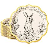 JarThenaAMCS 30Pcs Easter Paper Plate Scalloped Gold Foil Bunny Floral Disposable Plate Vintage Rabbit Dinnerware Plate for Spring Baby Shower Birthday Party Table Decor Supplies 9 In