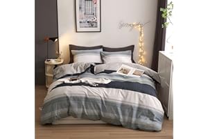 DREAMINGO King Striped Bedding Set Cotton Boys Duvet Cover Set Modern Aesthetic Room Decor Blue Grey Stripes Reversible Geometric Comforter Cover with Zipper Closure