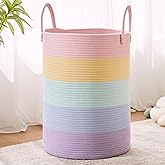 MOJOSCEND 80L Extra Large Rainbow Baby Girls Hamper Laundry Basket for Kids Nursery Pastel Tall Blanket Basket for Toy Woven Rope Unicorn Clothes Hamper in Living Room Playroom Bedroom
