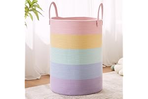 MOJOSCEND 80L Extra Large Rainbow Baby Girls Hamper Laundry Basket for Kids Nursery Pastel Tall Blanket Basket for Toy Woven Rope Unicorn Clothes Hamper in Living Room Playroom Bedroom