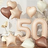 Foil Beige 50 Balloons Decor for Kids, Nude Apricot Brown Heart Balloons with Taupe 40'' Number 50 Balloons, Neutral Cream Tan Star Balloon for Women 50th Birthday Wedding Anniversary Party Decoration