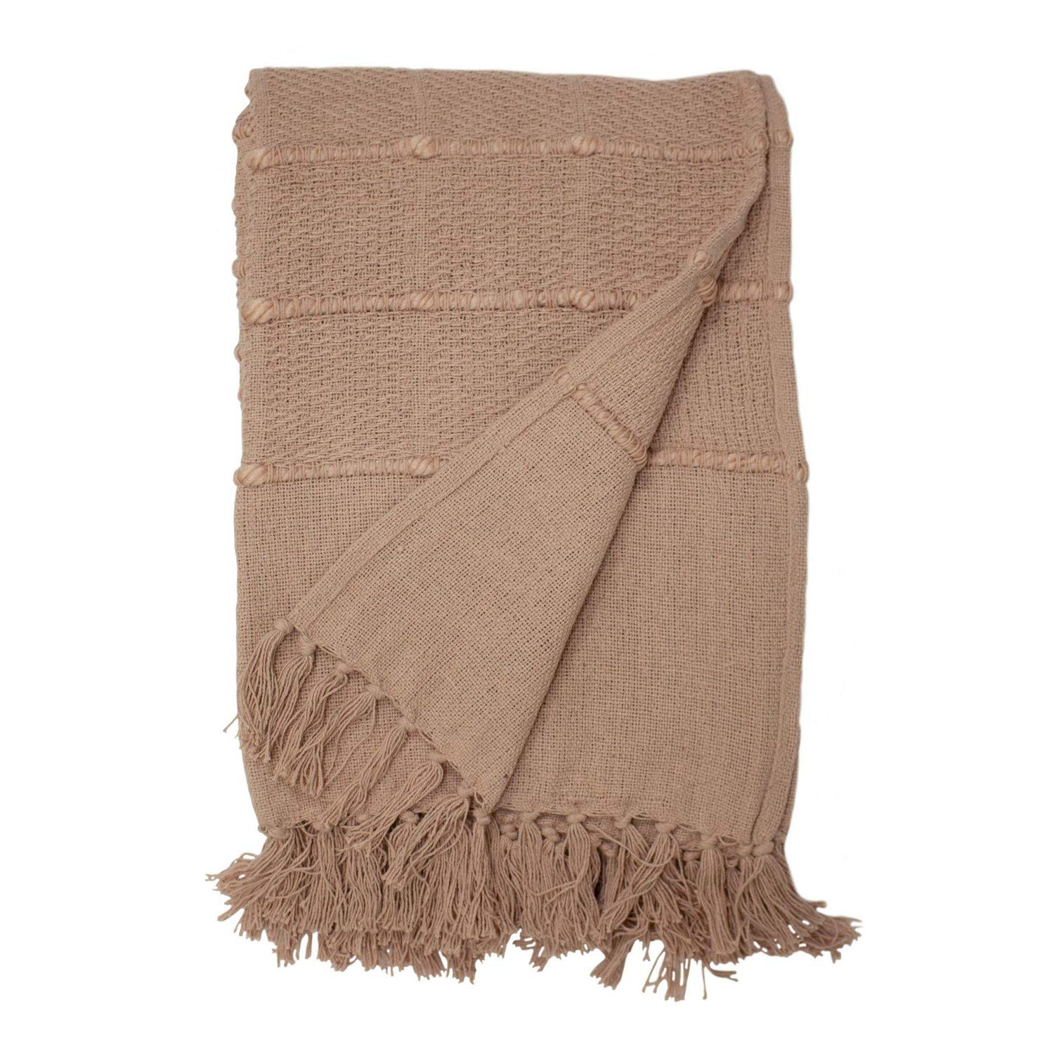 furn. Motti Throw, Tufted Cotton and Tassel Trim Design, Cotton, Polyester, Blush Pink, 140 x 180 cm