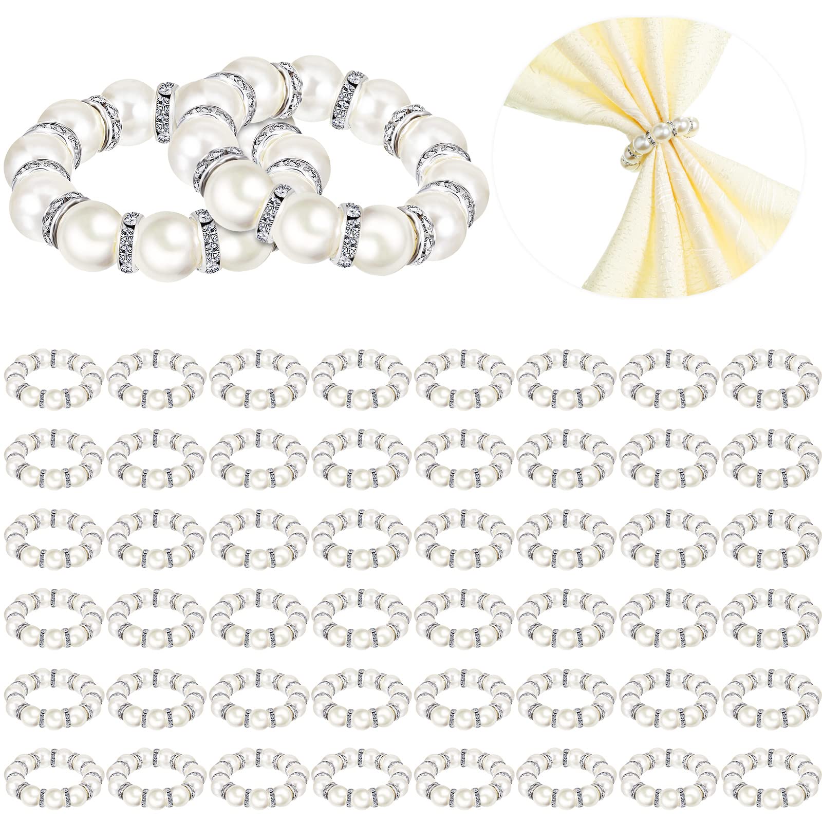 Photo 1 of 50 Pcs Pearl Napkin Rings - Silver Elastic Stretched Rhinestone Serviette Buckle Spring Beaded Holders for Thanksgiving Party Weddings Reception Table Decor Banquet