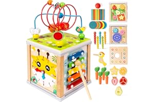 YySiRui Wooden Activity Cube | 10-in-1 Montessori Toys | Multipurpose Baby Educational Developmental Toy | Bonus Shape sorter & Ball Coin Stick Drop Game | Birthday Gift for Baby Boys Girls