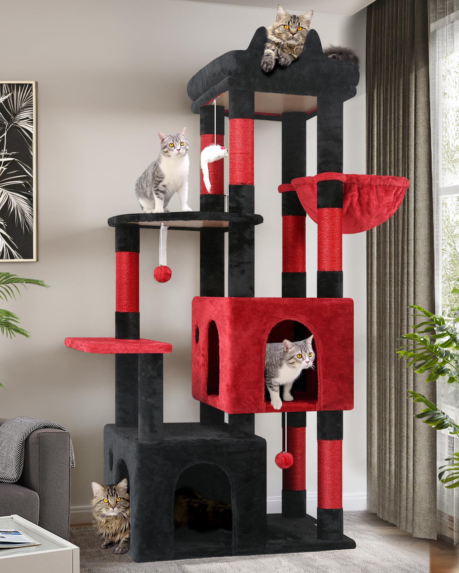 Globlazer Gothic Cat Tower for Indoor Cats, Heavy Duty Goth Cat Trees for Large Cats Adult Big Cats Maine Coon Cat Tree with Scratching Post, Extra Large Top Perch, Cat Condos, F61, Blood-Goth, 61inch Image