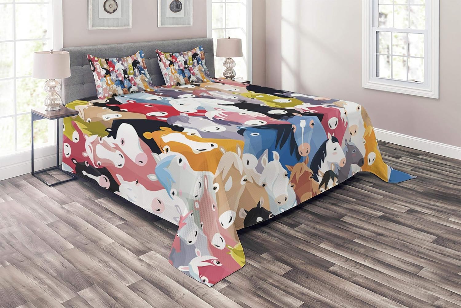 Lunarable Abstract Coverlet Set Queen Size, Pattern with Colorful Cartoon Style Horses Pony Childhood Theme Childish Artwork, 3 Piece Decorative Quilted Bedspread Set with 2 Pillow Shams, Multicolor