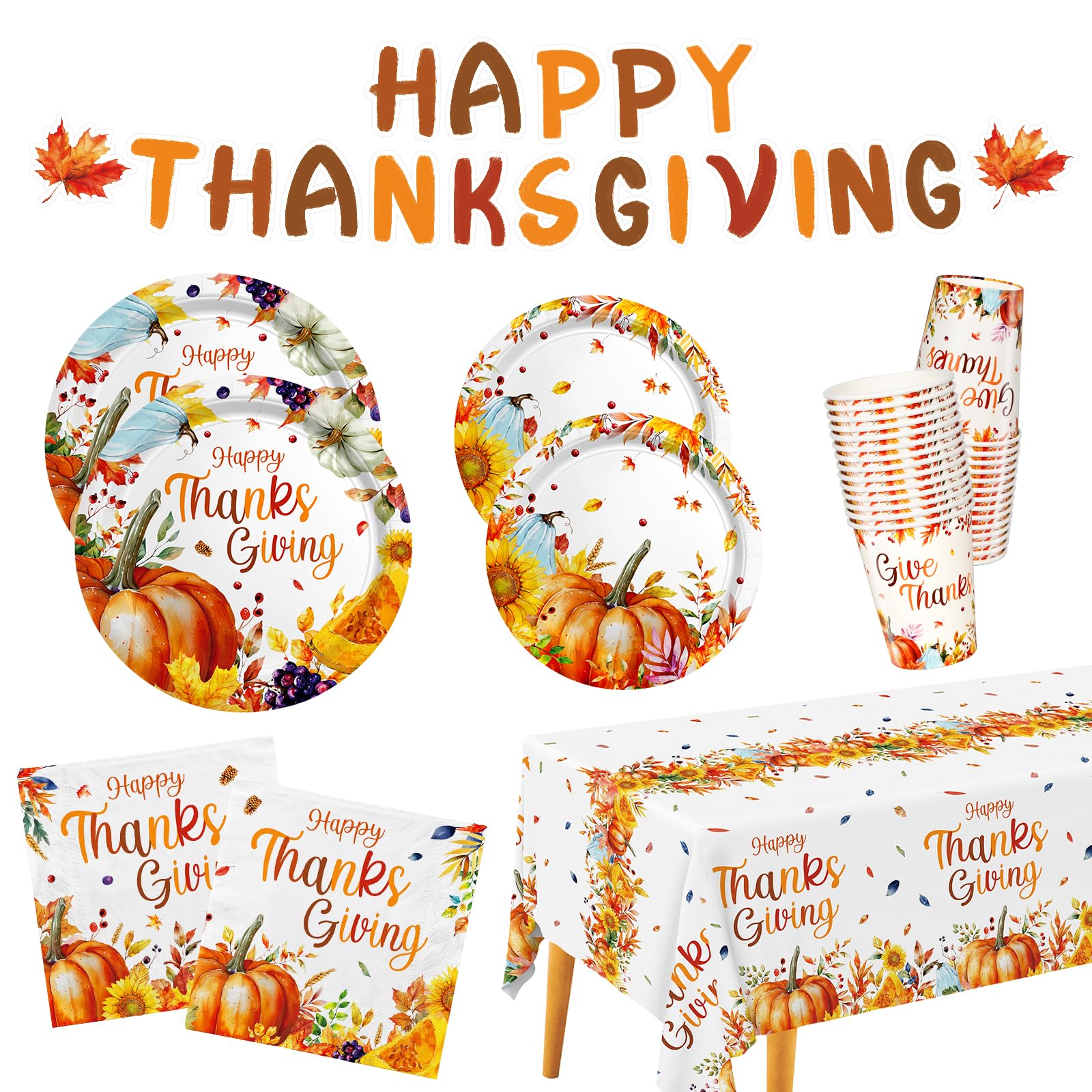 Photo 1 of Fall Thanksgiving Party Supplies Kit - Pumpkin Harvest-Themed Disposable Dinnerware Set with Plates, Napkins, Cups, Tablecloth & Banner for 25 - for AutumnThanksgiving Party Decoration