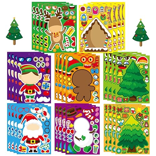 32 Sheets Christmas Stickers for Crafts Make Your Own Characters Mix and Match Sticker, Make a Face Sticker Christmas Tree Stickers Christmas Game Activities for Holiday Kids