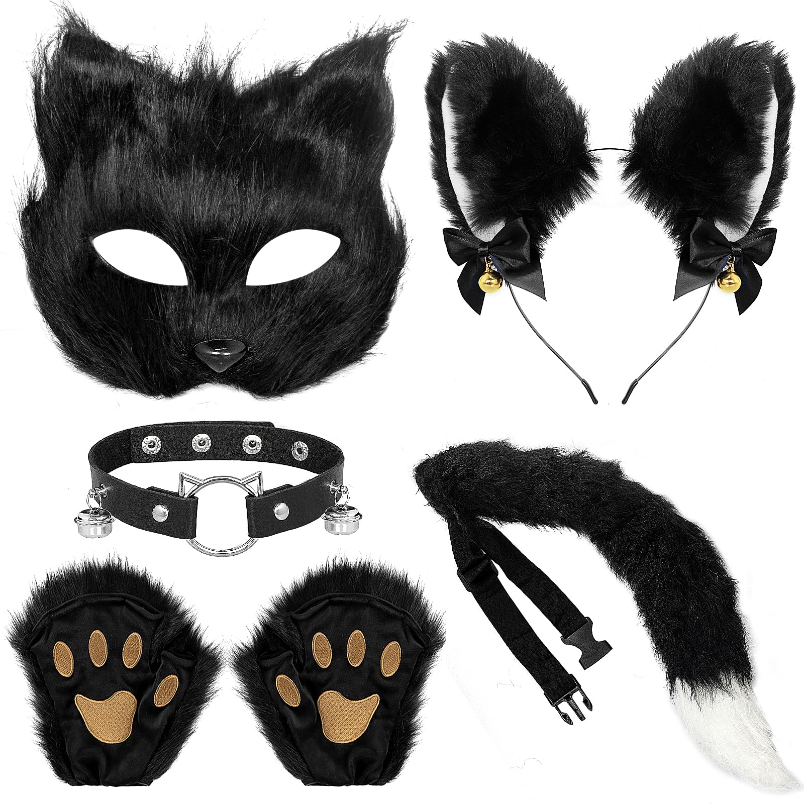 Grantop Furry Mask and Therian Tail Set - Cat, Fox, Wolf Cosplay Accessories With Gloves for Halloween Carnival Party