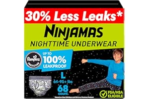 Ninjamas Boys Bedwetting Nighttime Underwear, Size L Pull Ups for Boys (64-95+ lbs), 68 Count, Training Pants, Overnight Underwear Kids, Ultra Absorbent, Hypoallergenic