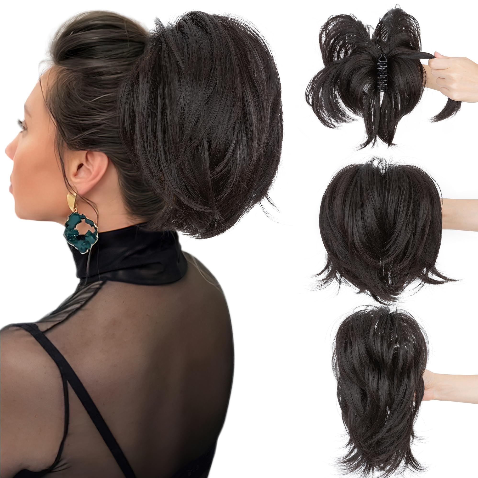SEGO Messy Bendable Claw on Ponytail Hairpiece Synthetic Fluffy Hair Extension Clip in Jaw with 4 Bendable Metals, Dark Brown