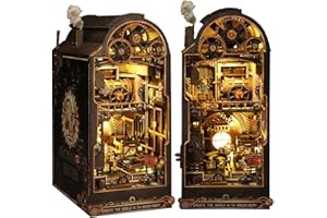 Jioustoy Book Nook Kit for Adult, Steampunk Booknook w/Dust Cover. DIY Miniature Dollhouse 3D Wooden Puzzle Bookend w/LED for Bookshelf Insert Decor, Gift for Teens and Adults (Mechanical Rhythm)