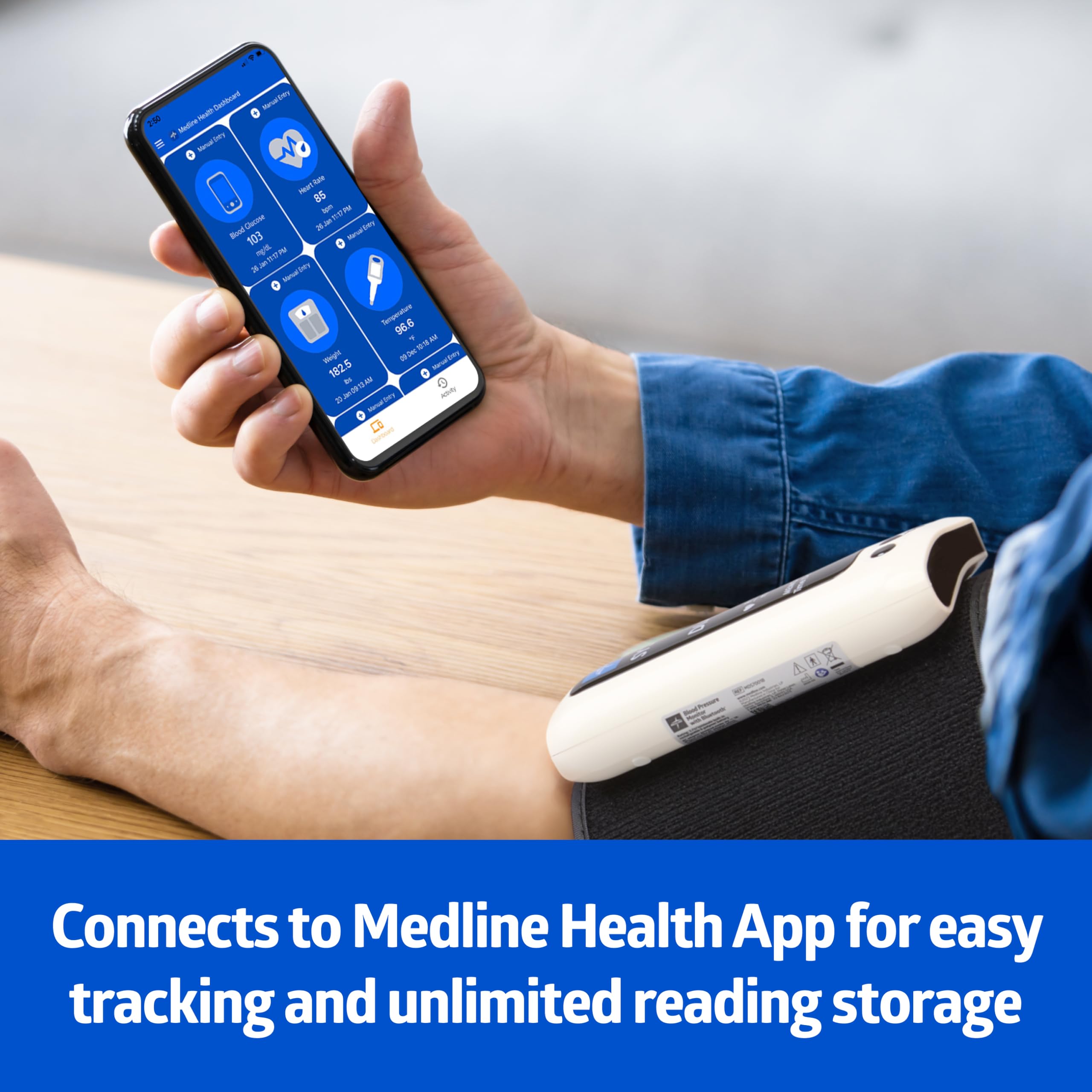 Medline Bluetooth Blood Pressure Monitor, Attached Universal Upper Arm Cuff, Digital LCD Display, Medline Health App Integration, Store Up to 120 Readings, Charger Cable and Carrying Case Included