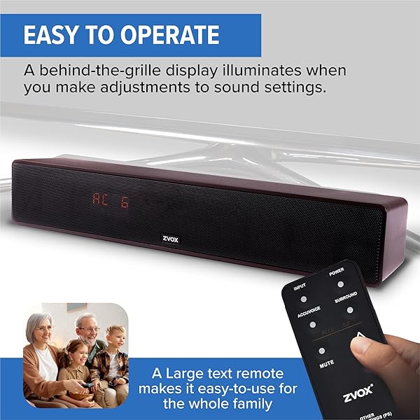ZVOX DIALOGUE CLARIFYING SOUND BAR – PATENTED HEARING TECHNOLOGY, ACCUVOICE TV SOUND BAR WITH 12 LEVELS OF VOICE BOOST, 17″ HOME THEATER TV SPEAKERS, IDEAL FOR SMART TVS – AV157 BLACK