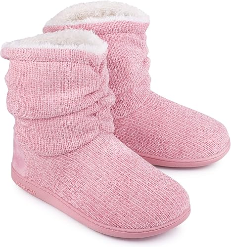 LongBay Ladies' Chenille Knit Bootie Slippers - Pink