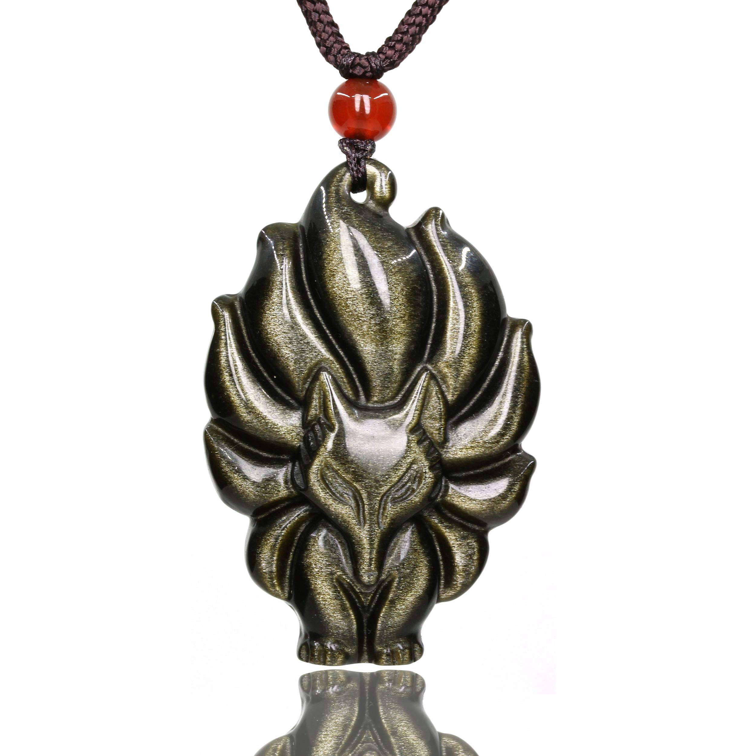 CHENYUE Hand Carved Natural AA Grade Golden Obsidian Nine-Tailed Fox Pendant Charm Reiki Necklaces