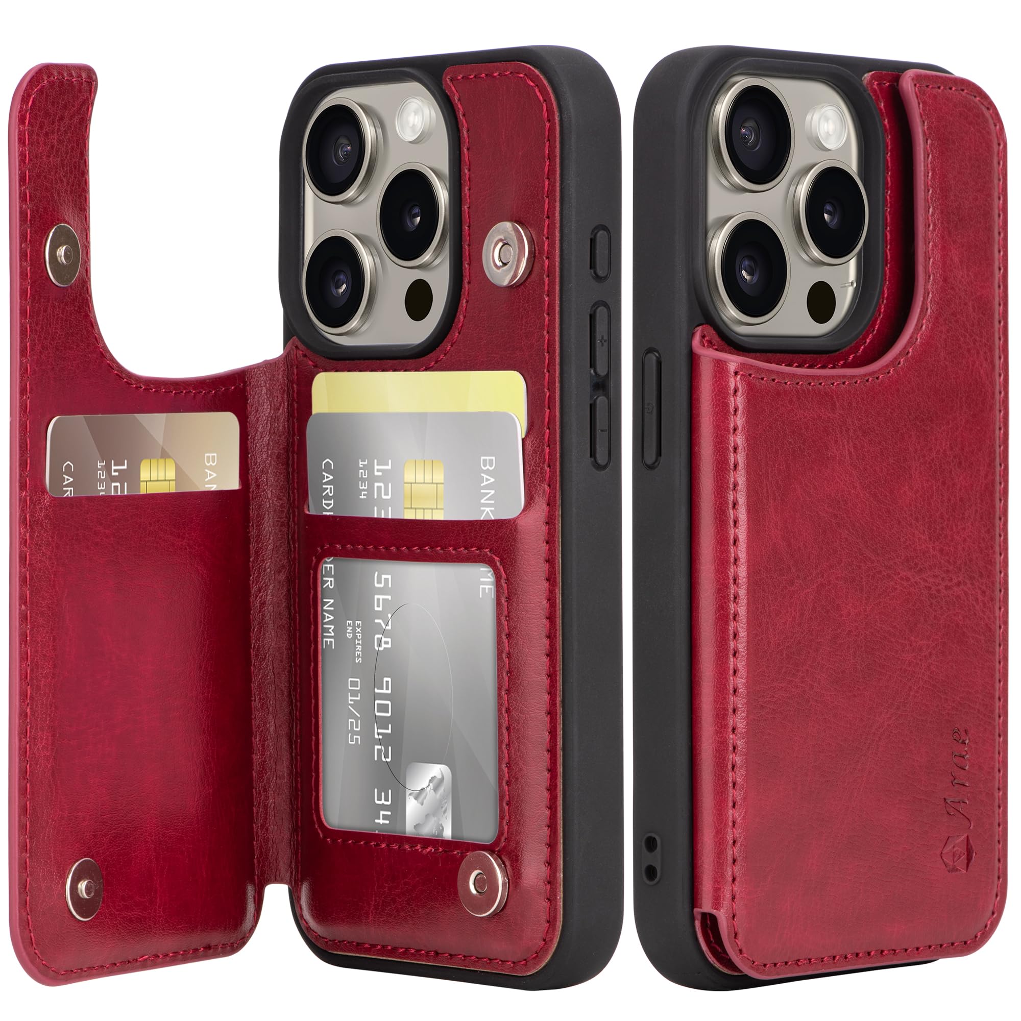 Photo 1 of Arae Compatible for iPhone 15 Pro Case with Card Holder - Wallet Case with PU Leather Card Pockets Back Flip Cover for iPhone 15 Pro 6.1 inch - Wine Red