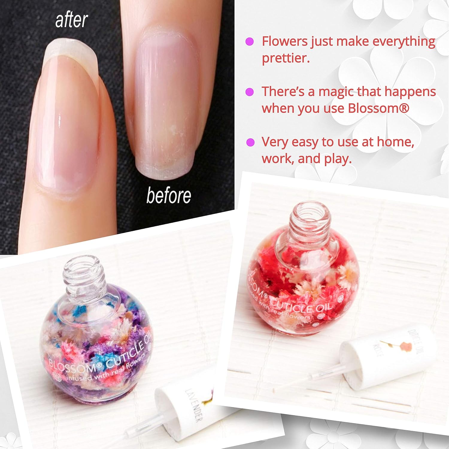 Blossom Scented Cuticle Oil Infused with Real Flowers Twin Pack — Nourishing Essential Oils for Softening, Hydrating and Repairing Nail Cuticles (Lavender & Rose — 2 x 0.42 Fl. Oz.): Beauty