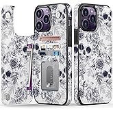 FUNMIKO for iPhone 15 Pro Max Wallet Case with Card Holder, RFID-Blocking, Military-Grade Drop Protection & Floral Animal Design, Magnetic Closure with Leather Kickstand - Floral Skull